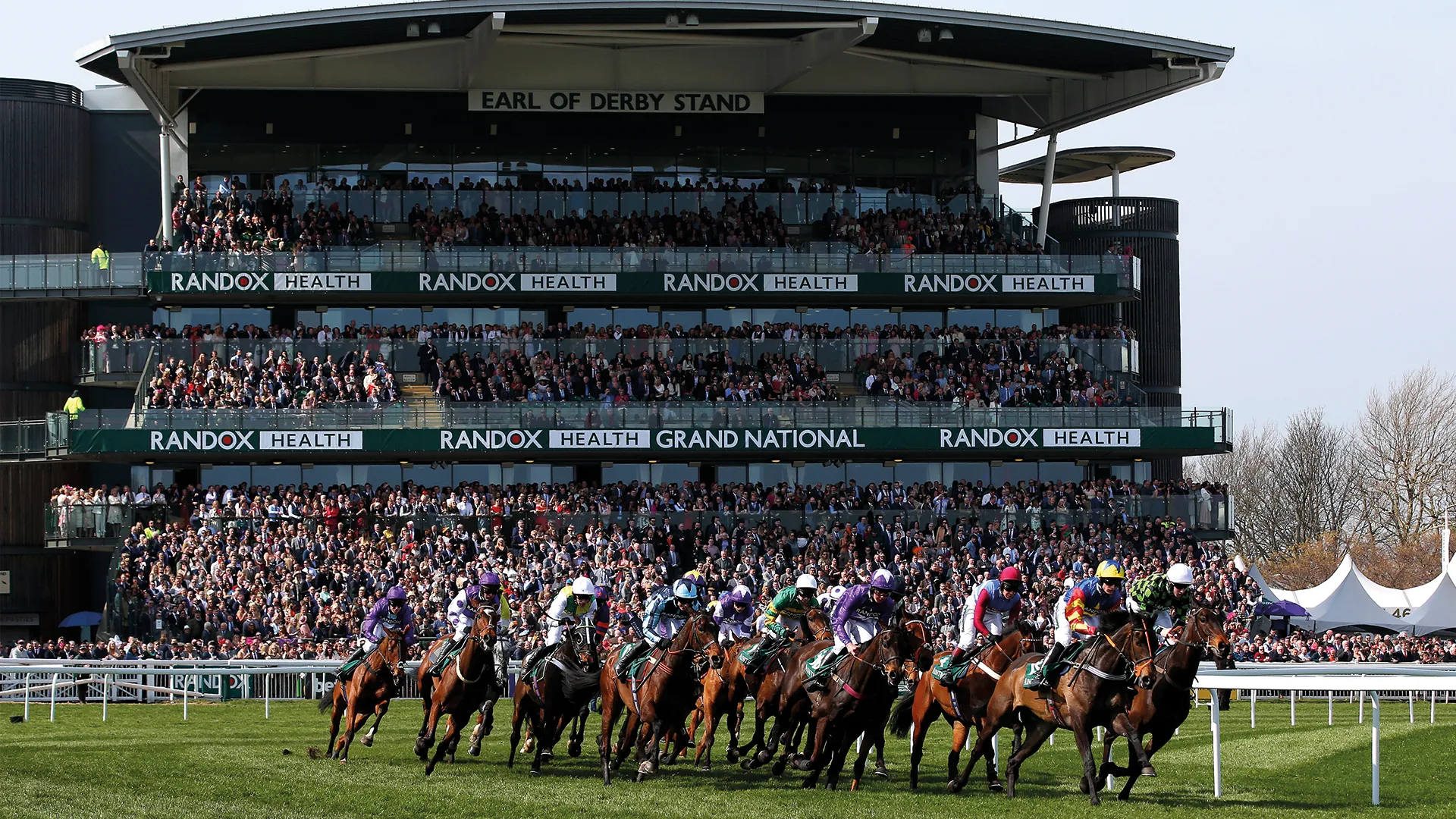 The field racing past the packed grandstands at Aintree.