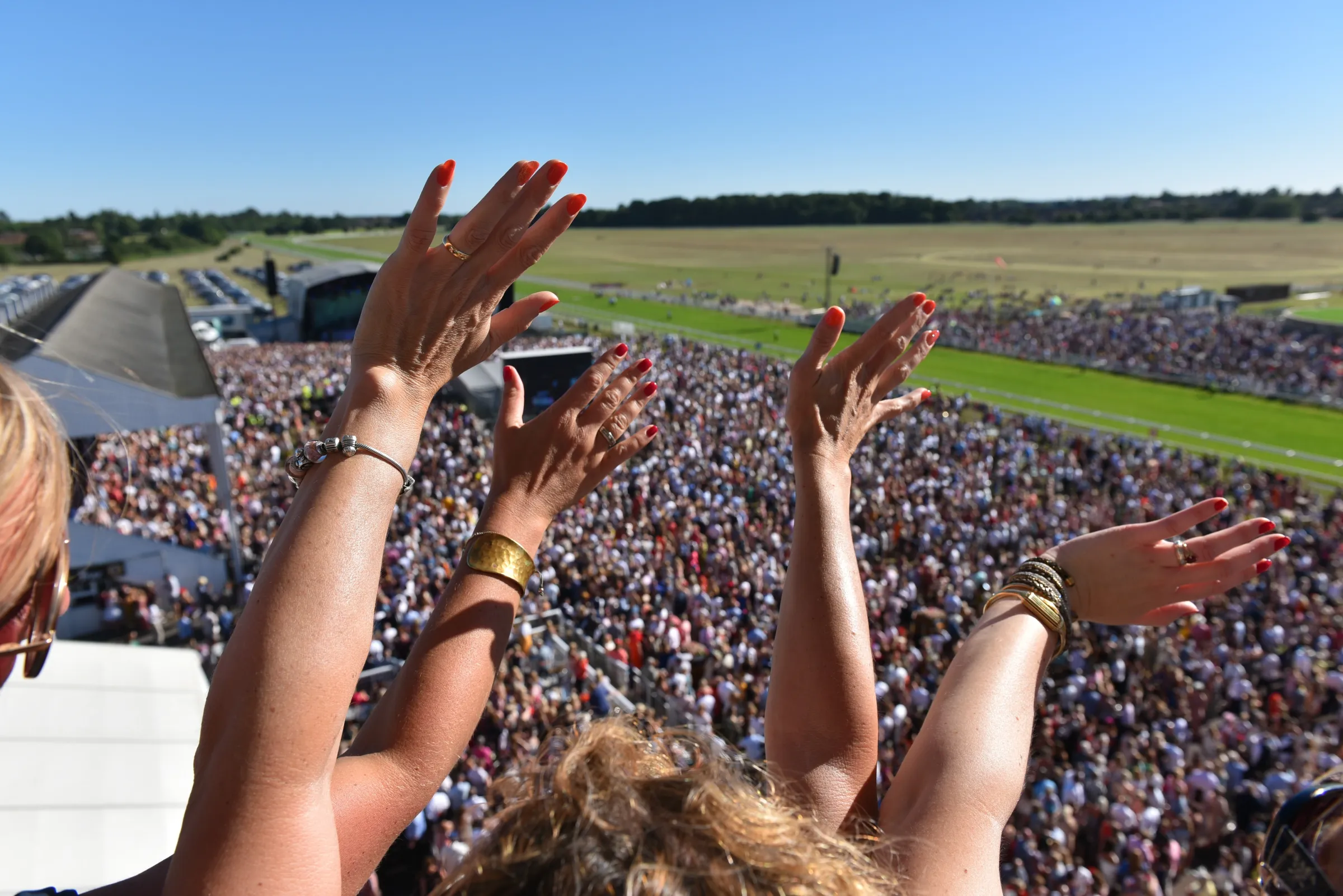 Racegoers in the stands at York with their arms raised, cheering.