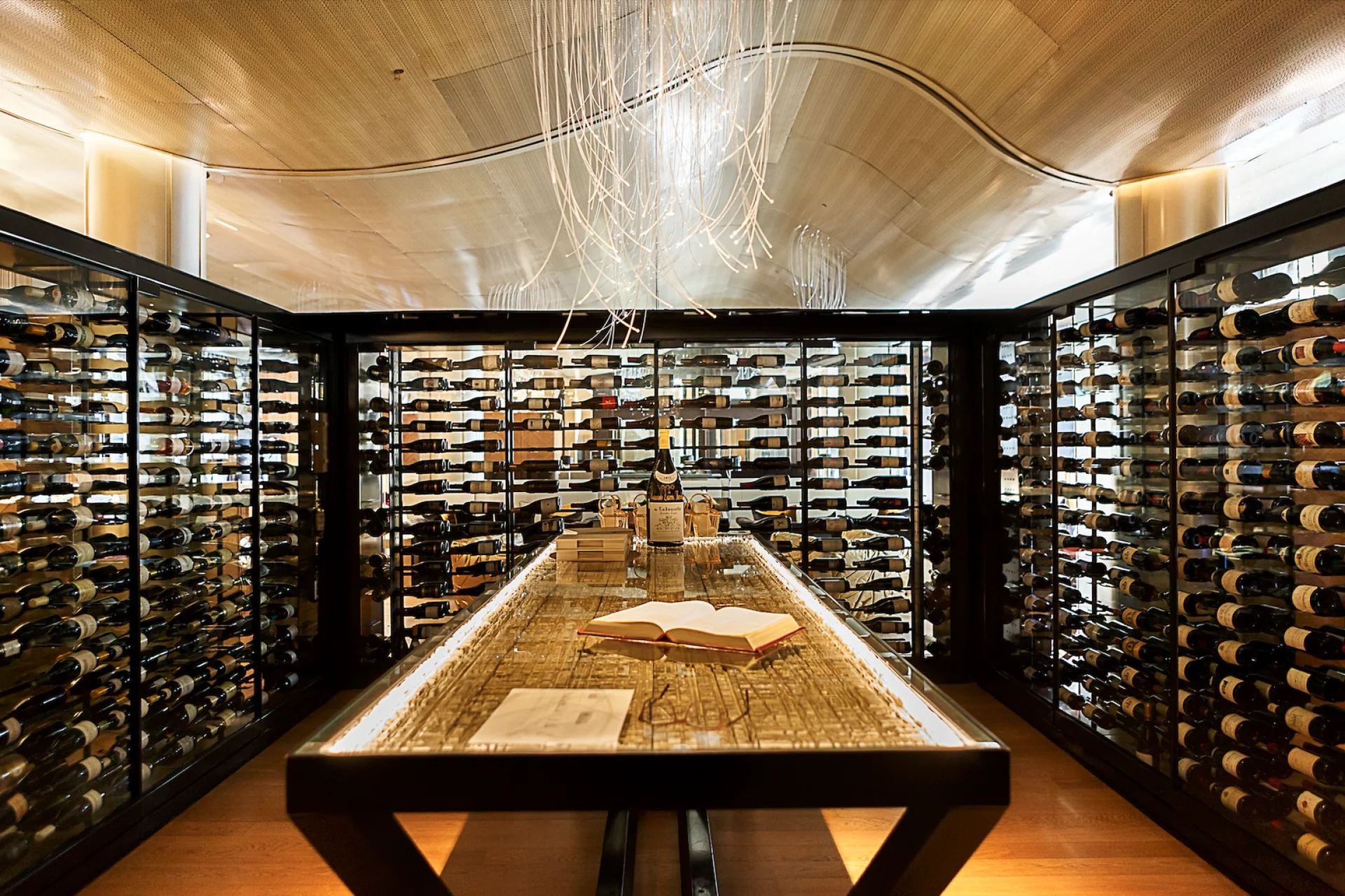 The illuminated wine cellar at Lasarte.