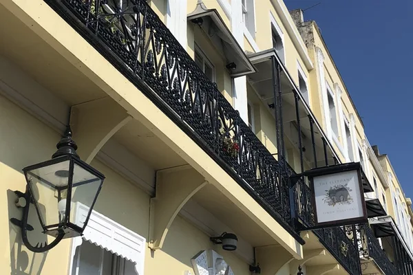 The exterior and hanging sign of The Elephant restaurant in Torquay.