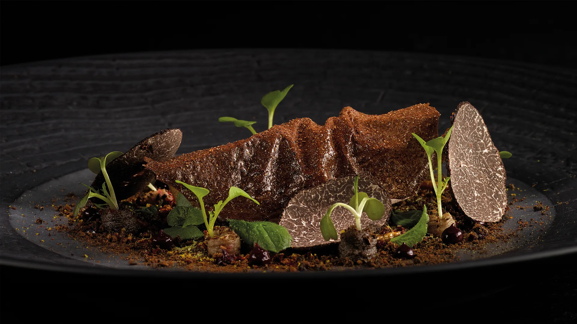 A course at The Fat Duck: shaved black truffle, a crisp earthy crumb and small green leaves on a black plate.