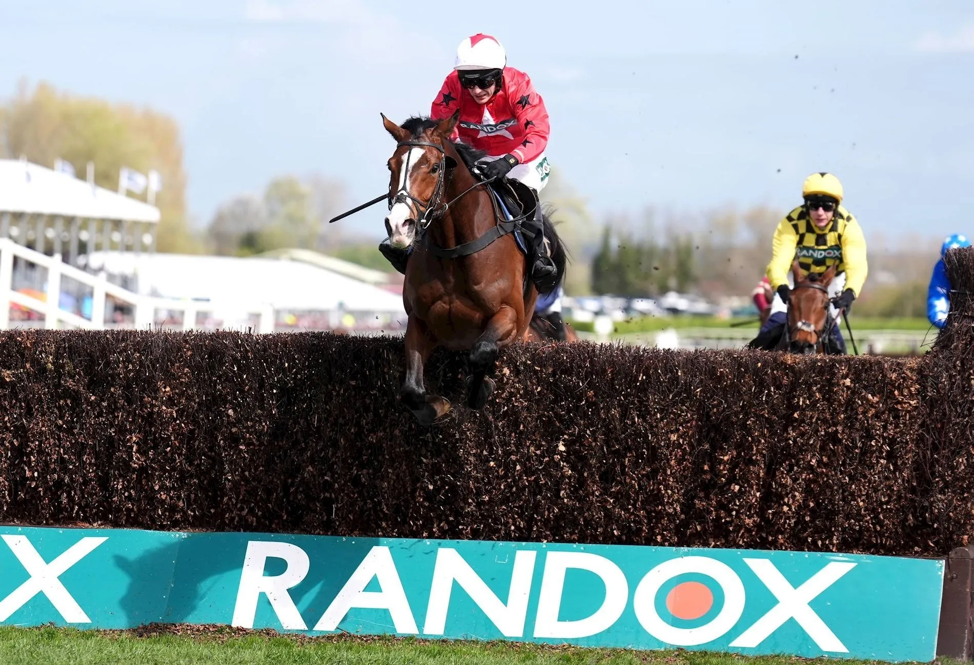 A racehorse and jockey clearing a spruce fence at Aintree, with a second runner behind.