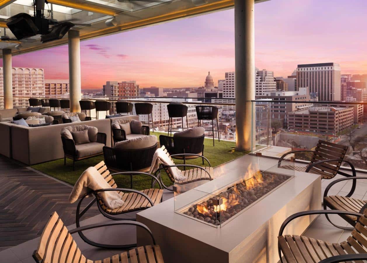 Outdoor terrace at The AC hotel in Austin at sunset