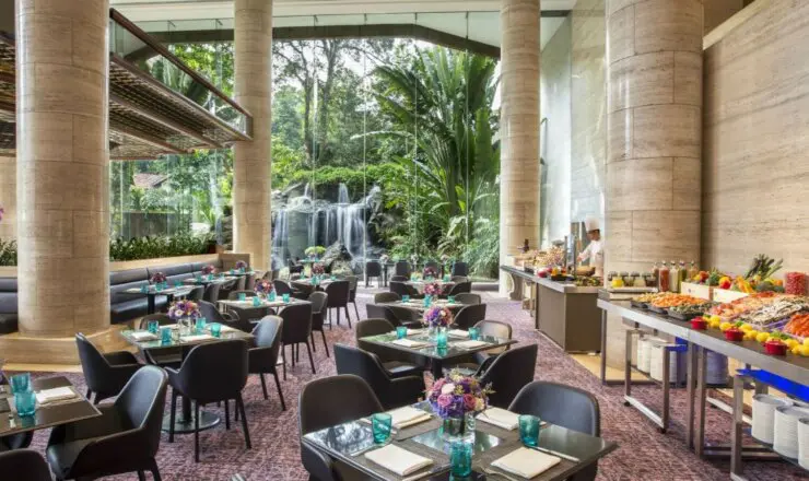 Image of the dining area in the Sheraton hotel with plants and wildlife through a glass window at the back of the room