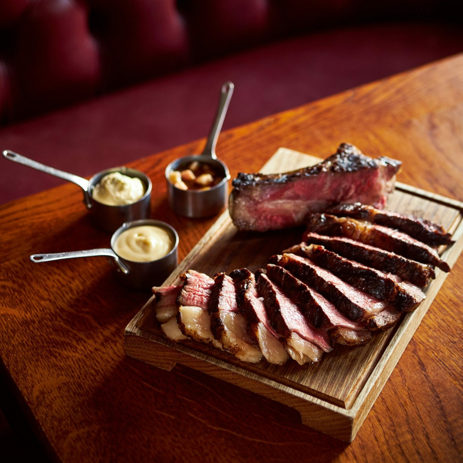 Image of a steak carved and ready to serve at the Hinds Head