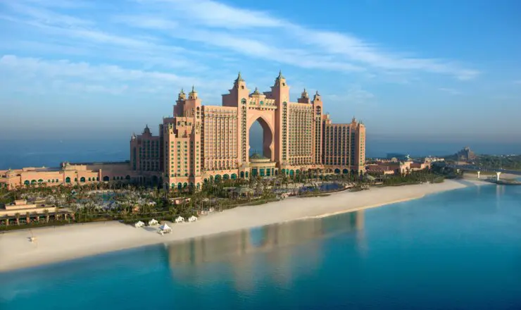 Shot of Atlantis, the Palm, surrounded by beautiful sea water on a summer day