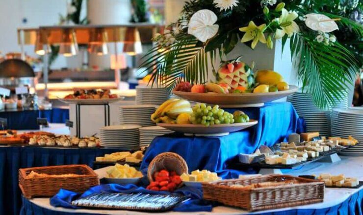 Close up image of food, including fruit on a food display in the Ebor restaurant
