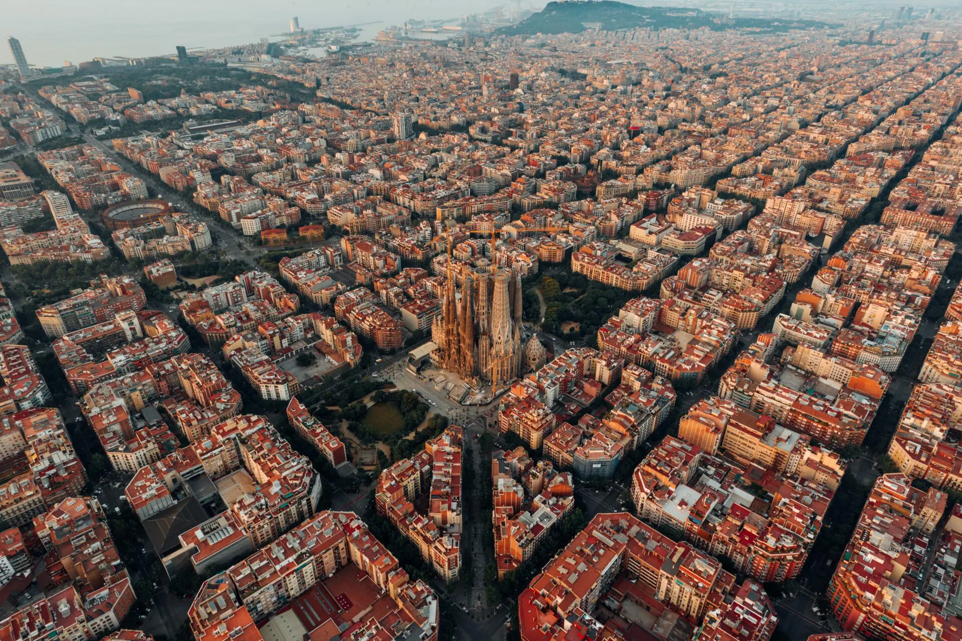 Birdseye view of the city of Barcelona with La Sagrada Familia a central viewpoint