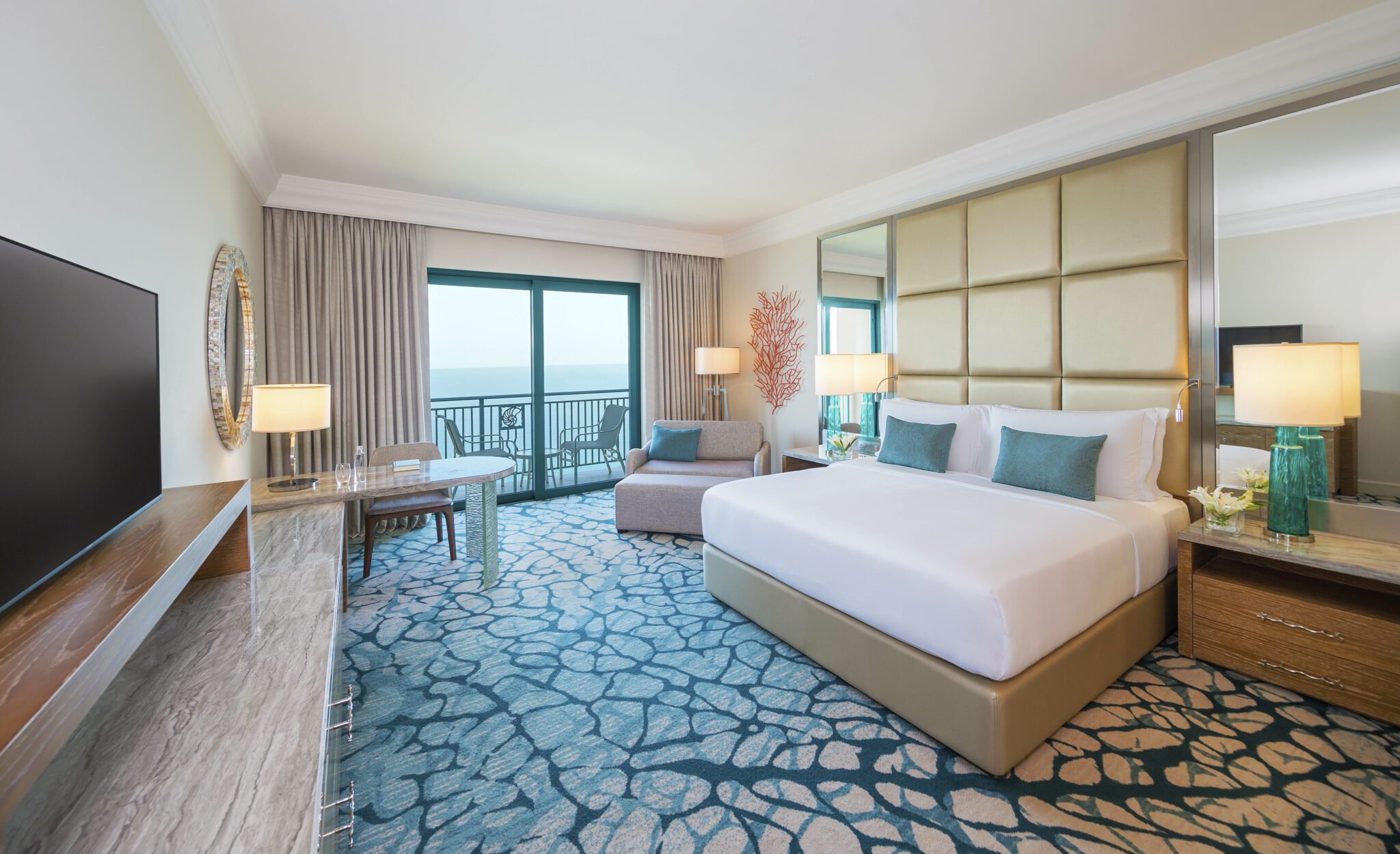Image of a deluxe bedroom at Atllantis the Palm with double bed and balcony