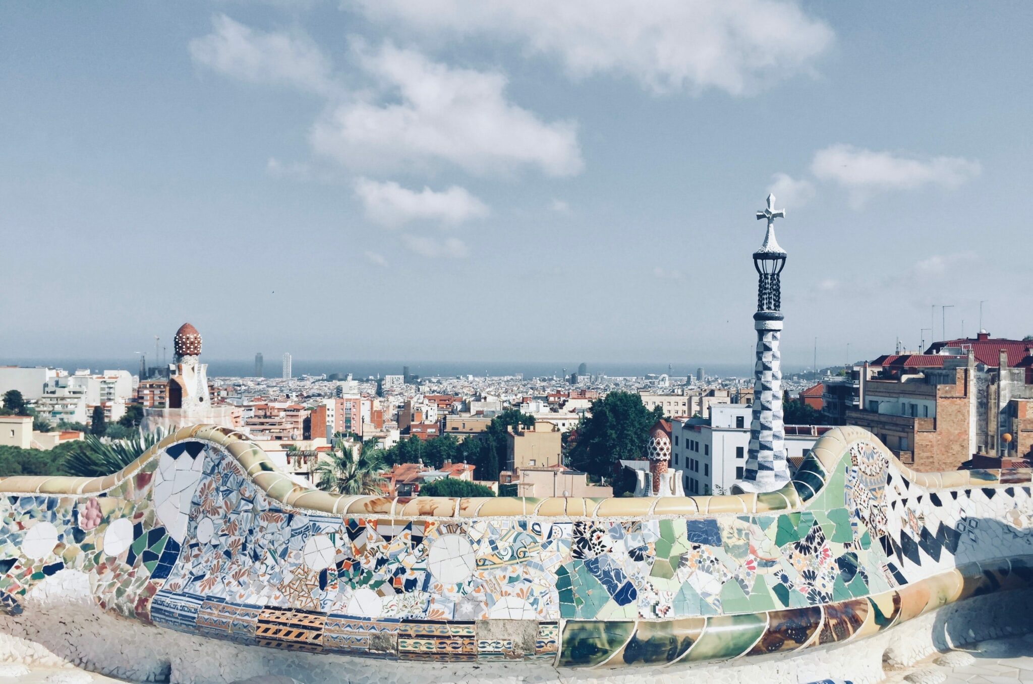 Park Guell in Barcelona and view overlooking the city