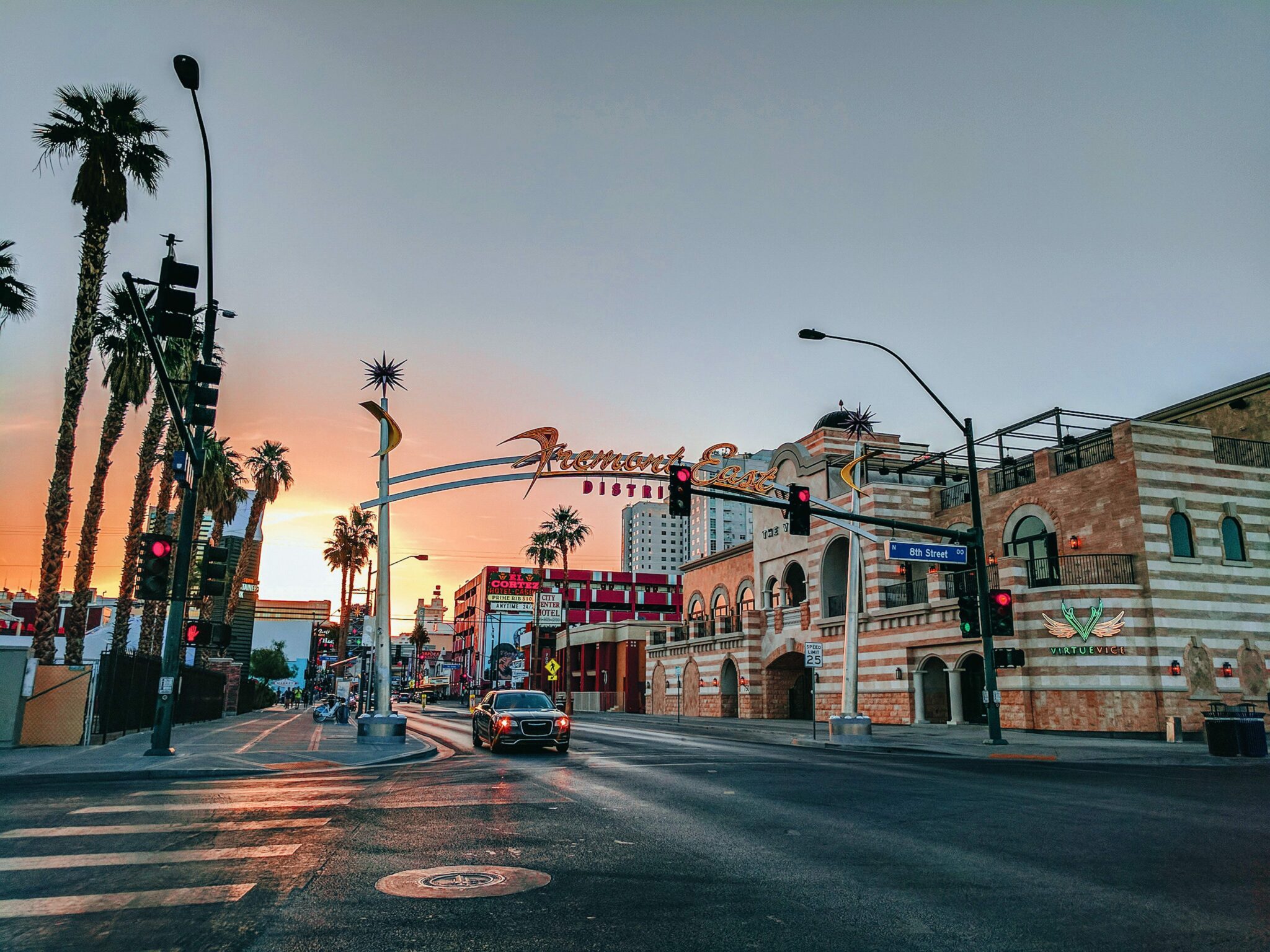 Main street in Las Vegas during sunset